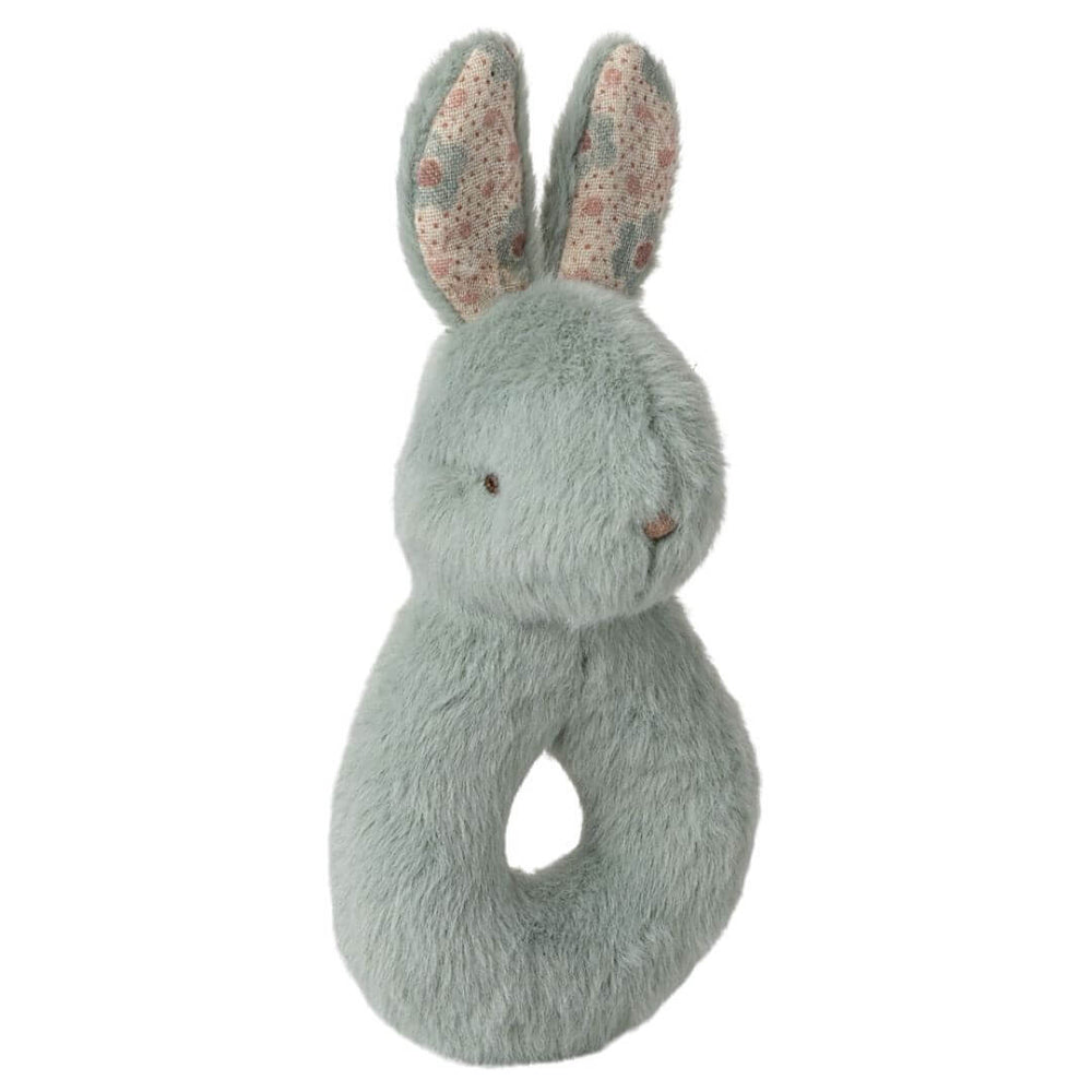 Maileg mint green plush rabbit rattle, a part of a baby gift set with soft floral cloth and plush rabbit, packaged in a vintage-style gift box.