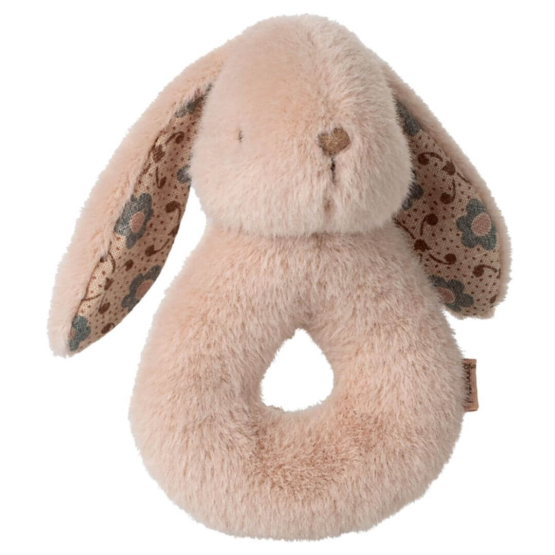 Maileg powder pink bunny rattle baby with a gentle rattle sound.