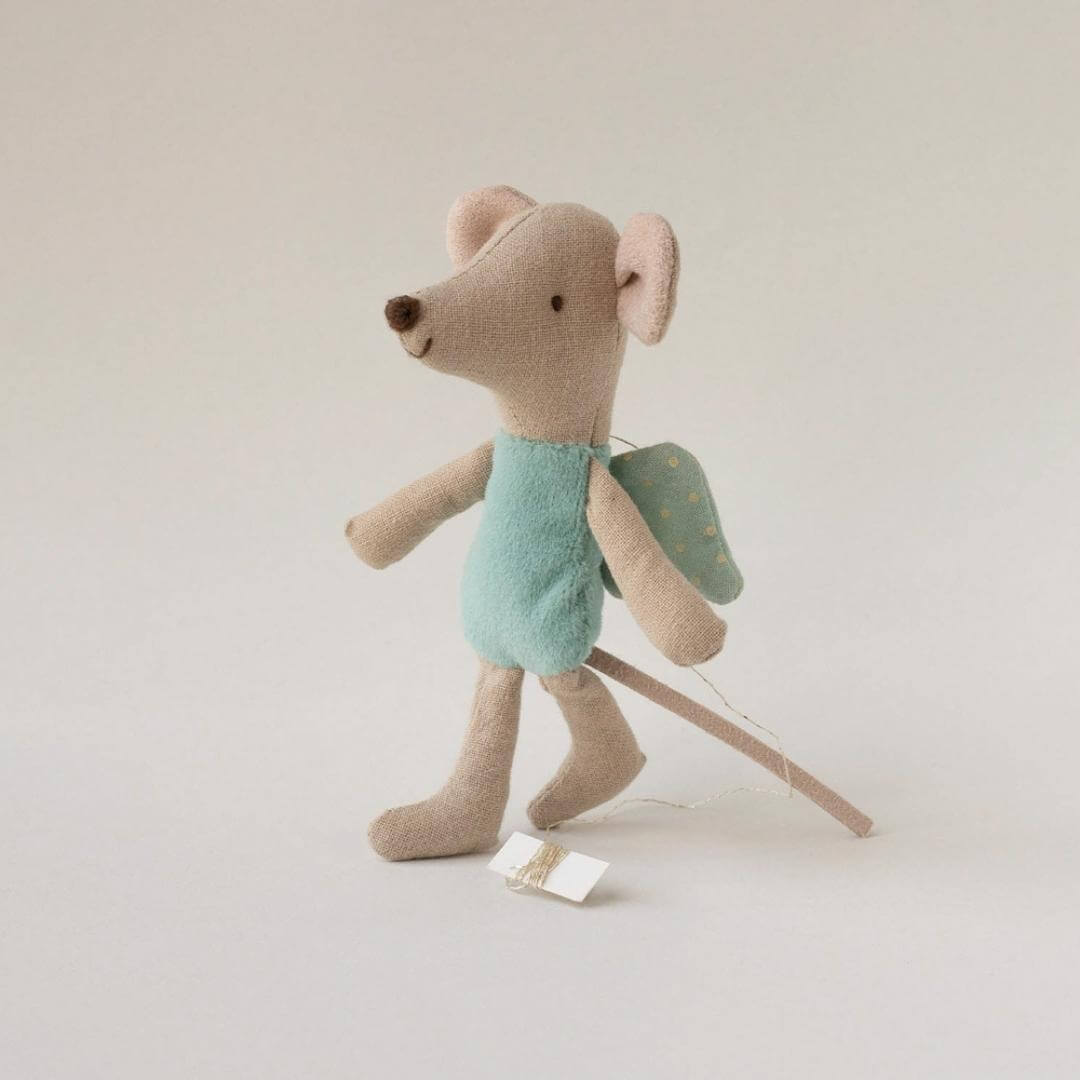 Close-up of Maileg Fairy Mouse with turquoise body and wings and hanging loop – Bella Luna Toys