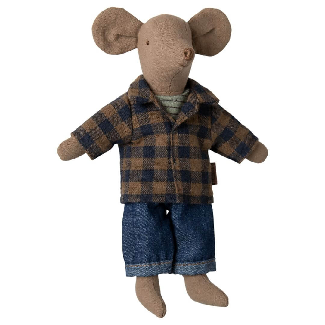 Maileg Dad Mouse with Light Brown Fabric in flannel shirt, denim jeans for Maileg 2025.