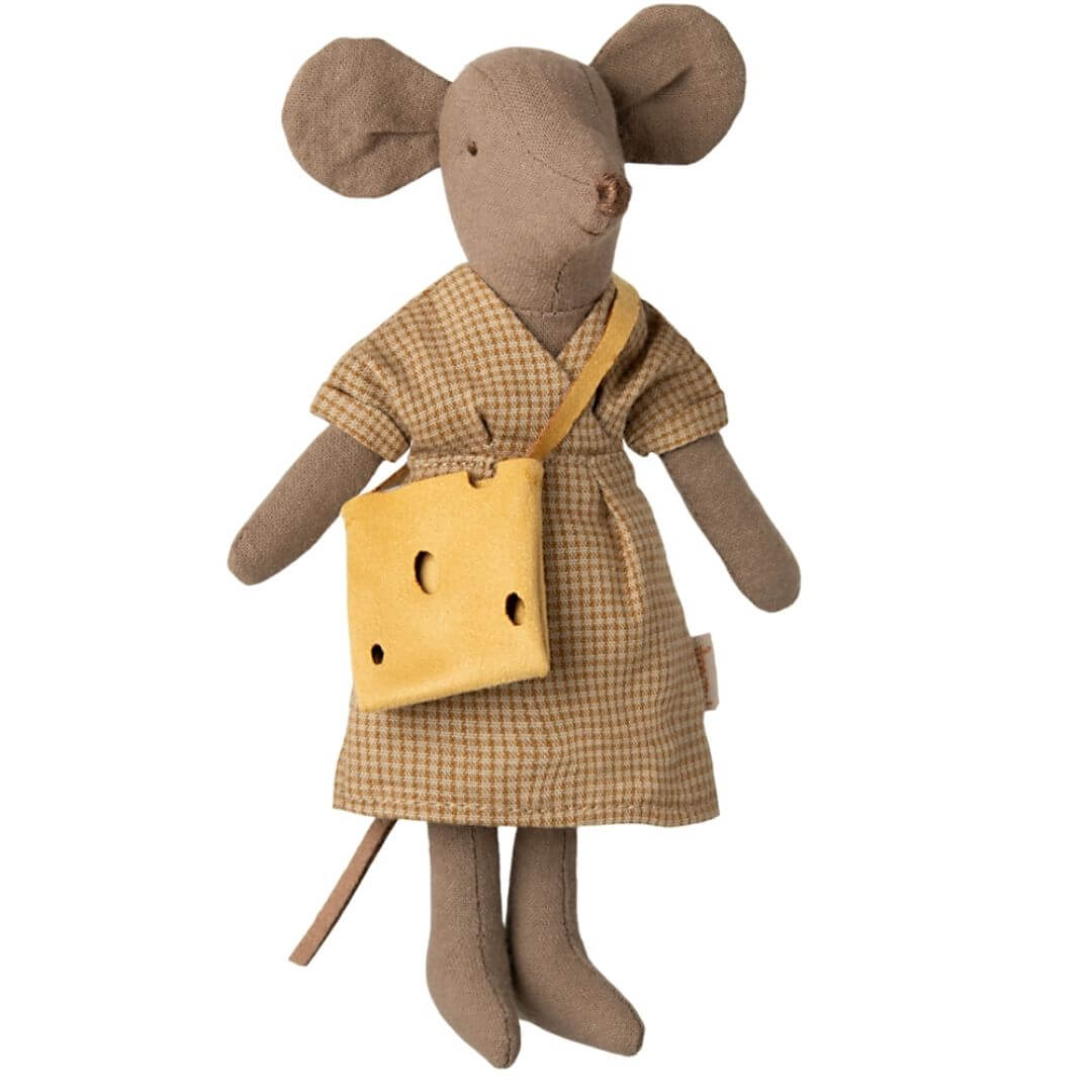 Maileg Mom Mouse in Light Brown Fabric, wearing a beige checked wrap dress and a crossbody purse with cheese-hole details. Part of the Spring 2025 collection, this 5.5 - 6 inch plush mouse is perfect for Easter baskets, dollhouses, and imaginative play.