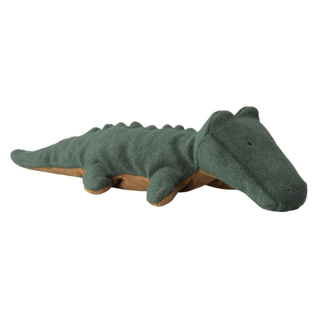 Maileg Safari Friends Mini Crocodile, a soft and cuddly companion shown in Forest Green against a white background. Perfect for imaginative play, travel, and everyday snuggles - Bella Luna Toys