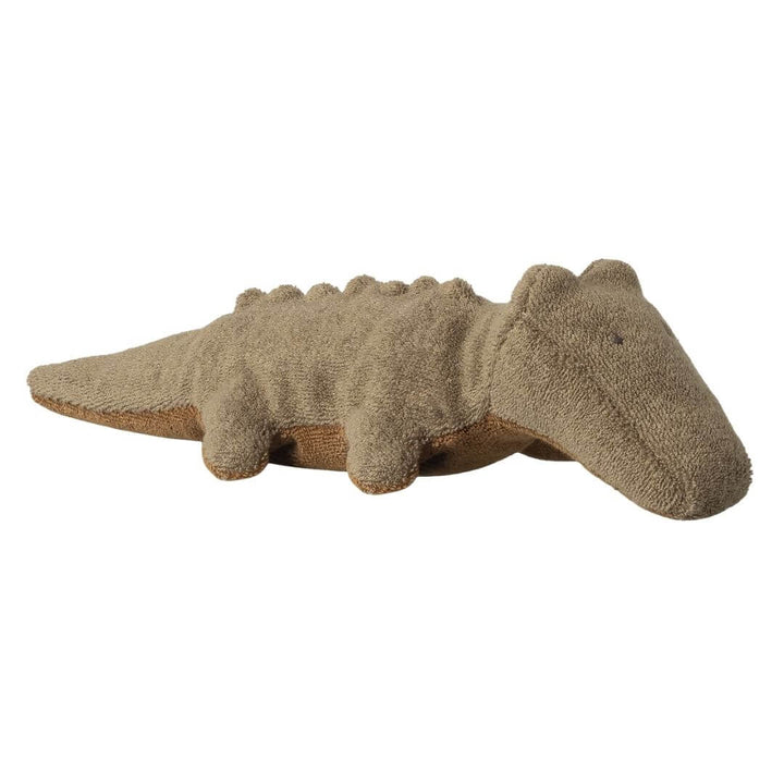 Maileg Safari Friends Mini Crocodile, a soft and cuddly companion shown in Olive Green against a white background. Perfect for imaginative play, travel, and everyday snuggles - Bella Luna Toys