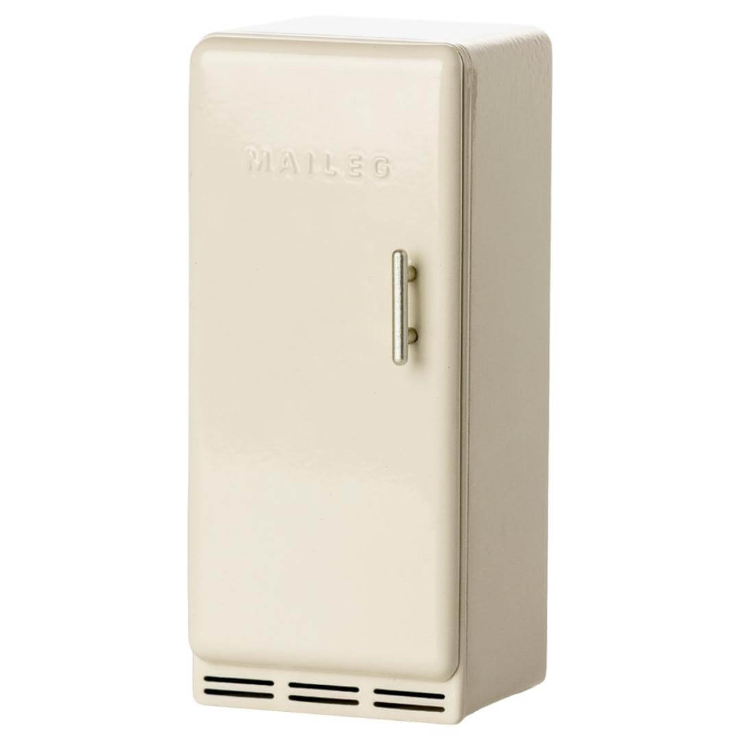 Maileg mouse-sized refrigerator in off-white with silver handle, dollhouse kitchen furniture from Bella Luna Toys.