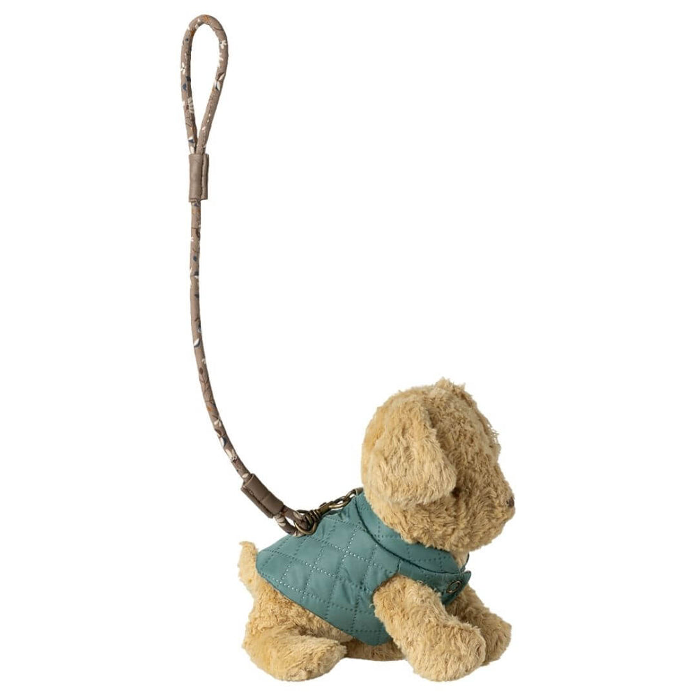 Maileg pet leash and quilted harness set in dark mint with floral leash and brass clip shown on small Maileg puppy - Bella Luna Toys