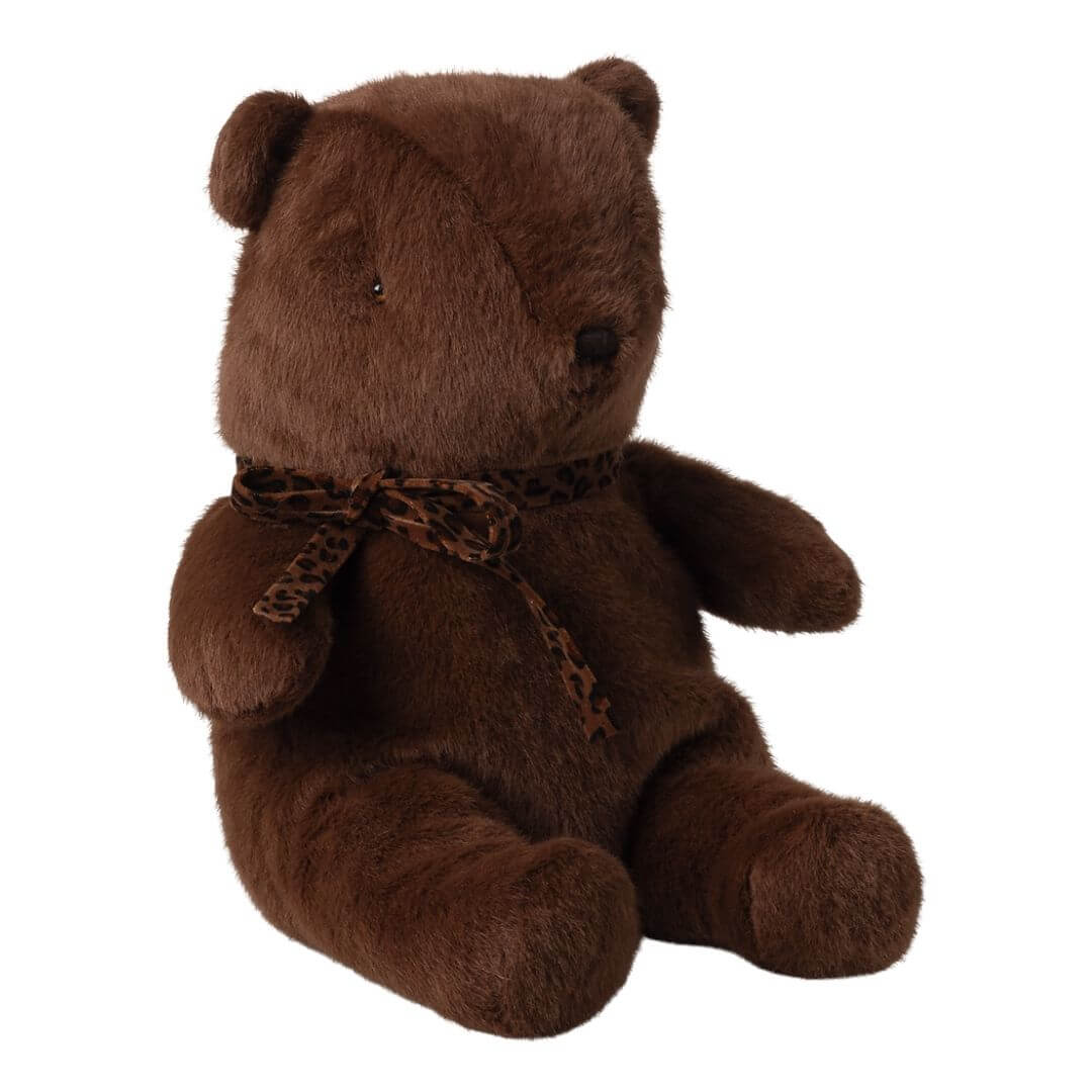 Maileg - Dark Chocolate Maileg teddy bear with plush fur and a patterned ribbon bow sitting upright against a white background. - Bella Luna Toys