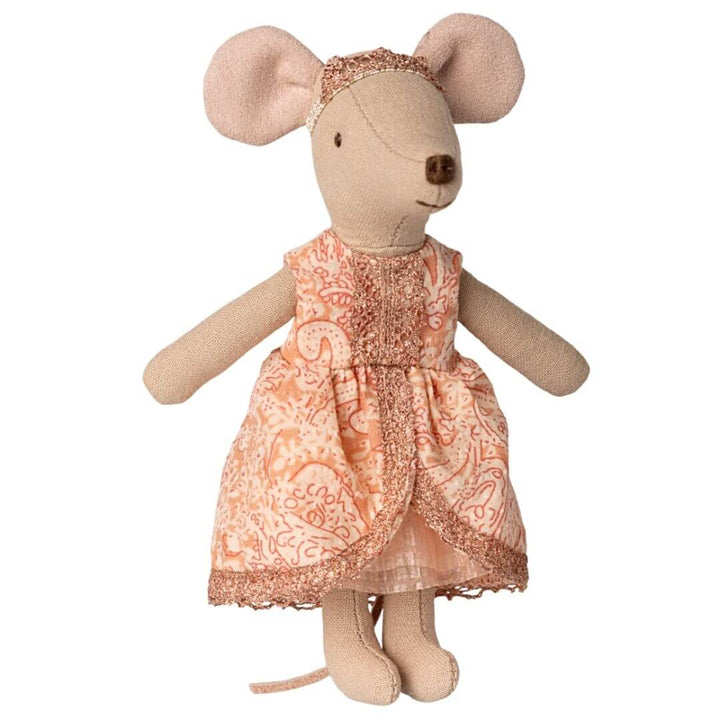 Maileg Princess Mouse and the Pea set with mouse princess in pink dress with lace trim and crown.