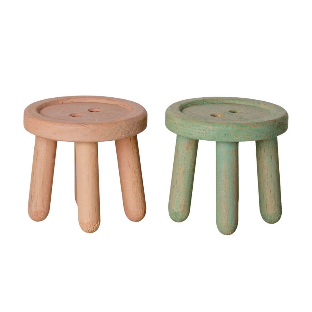 Maileg wooden Button Stools for mice, set of two vintage-style beech wood stools for the Maileg mouse house and Mouse Hole Farmhouse in light rose and light mint - Bella Luna Toys