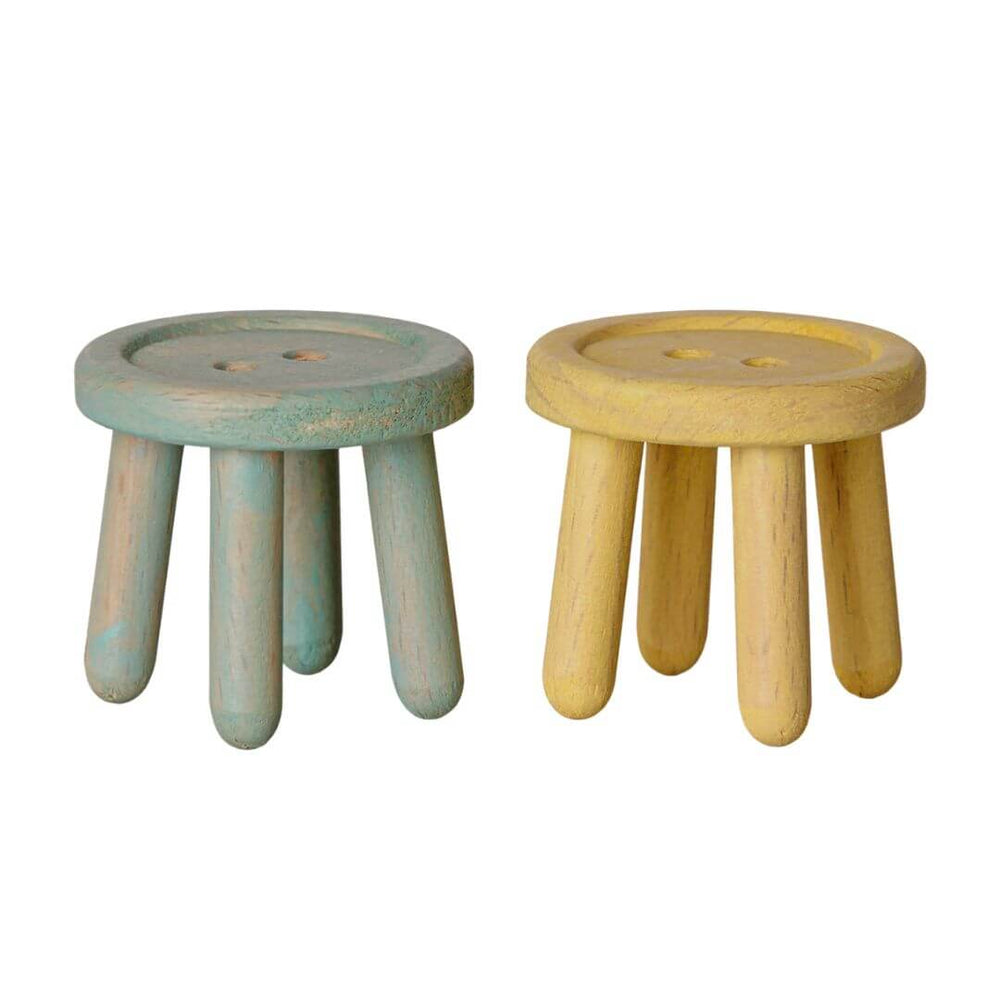 Maileg wooden Button Stools for mice, set of two vintage-style beech wood stools for the Maileg mouse house and Mouse Hole Farmhouse in mint or light yellow - Bella Luna Toys