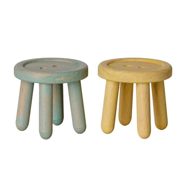 Maileg wooden Button Stools for mice, set of two vintage-style beech wood stools for the Maileg mouse house and Mouse Hole Farmhouse in mint or light yellow - Bella Luna Toys