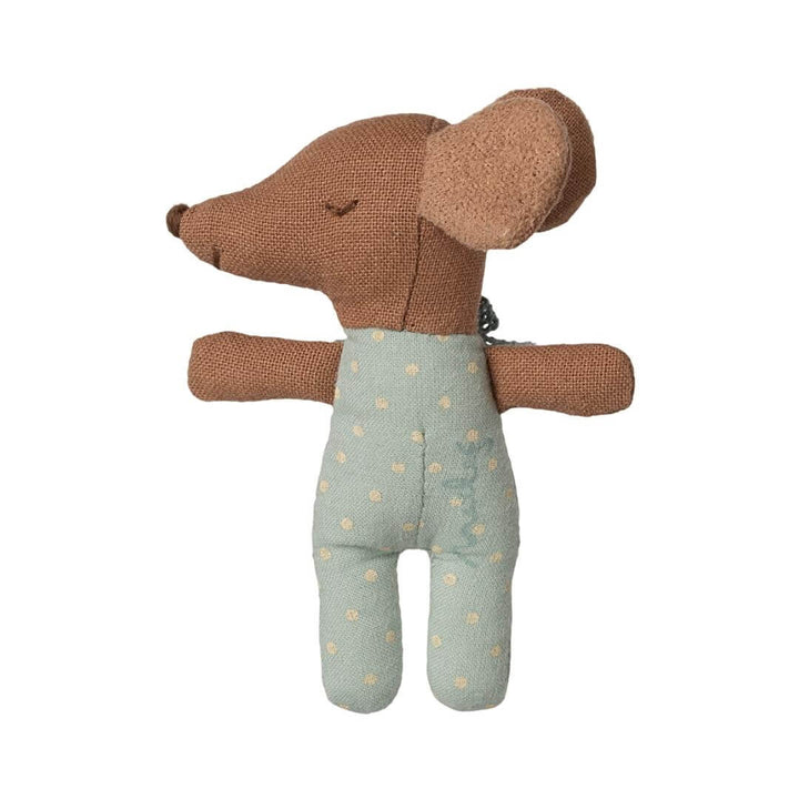Maileg - Blue Sleepy wakey baby mouse shown with eye closed in blue and white polka dot suit against a white background - Bella Luna Toys