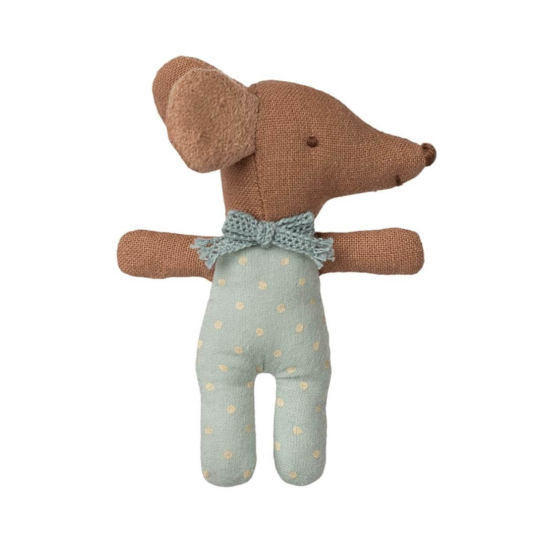 Maileg - Blue Sleepy wakey baby mouse  with eye open in a blue and white polka dot suit and knit blue bow against a white background-Bella Luna Toys