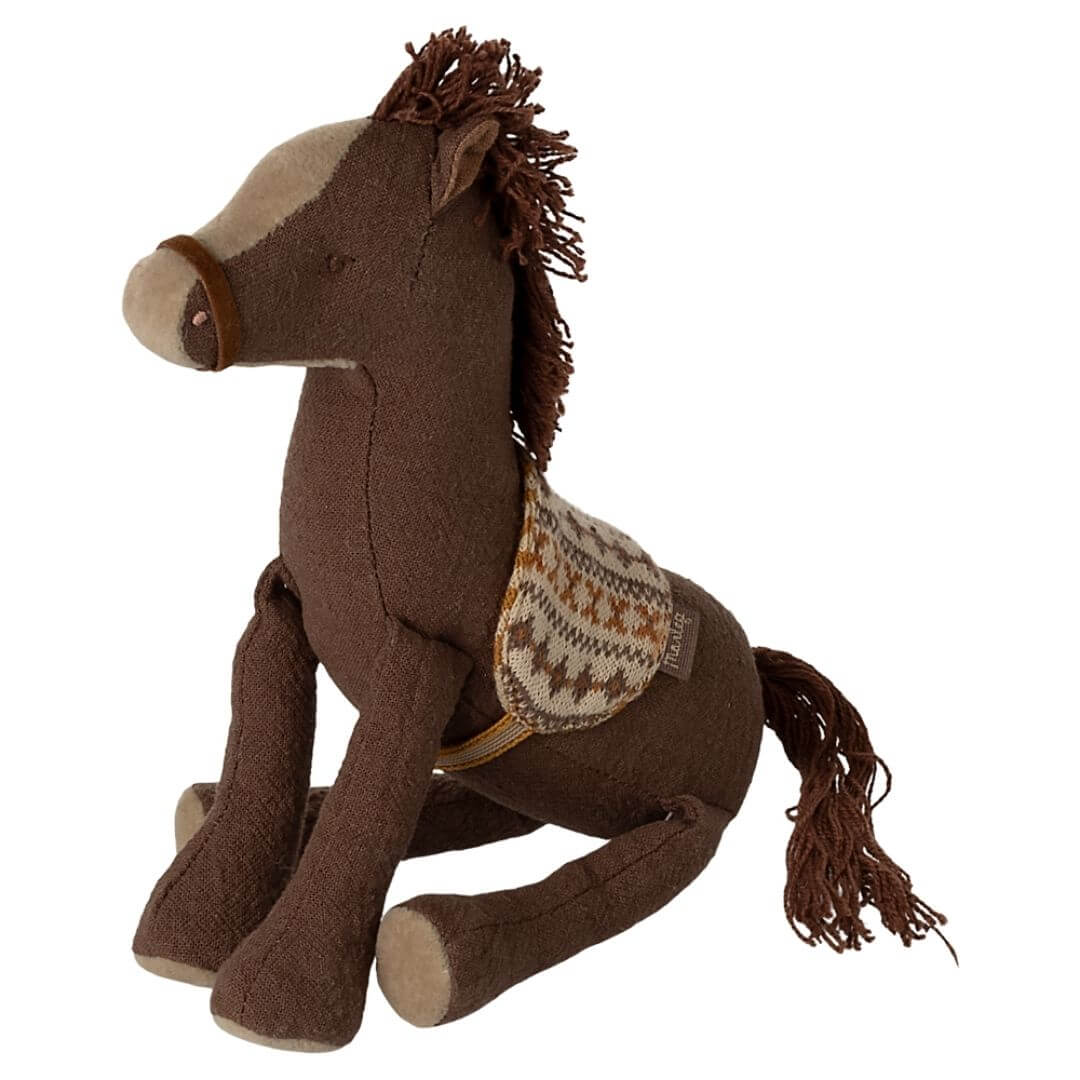Maileg Small Brown Pony Plush with knit saddle, cotton-linen body, and yarn mane and tail for imaginative play.