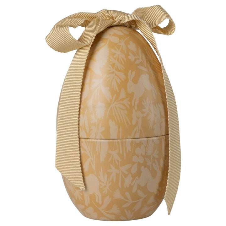 Maileg yellow floral metal Easter egg with fabric ribbon bow, empty keepsake egg for Easter baskets