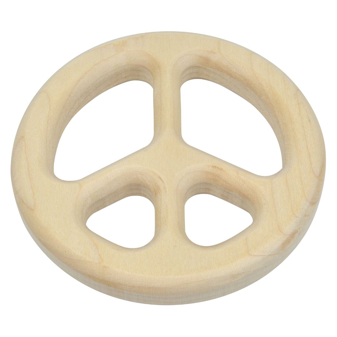 Natural maple wood peace-sign shaped teether with smooth finish and round handle, handcrafted in the USA by Maple Landmark.