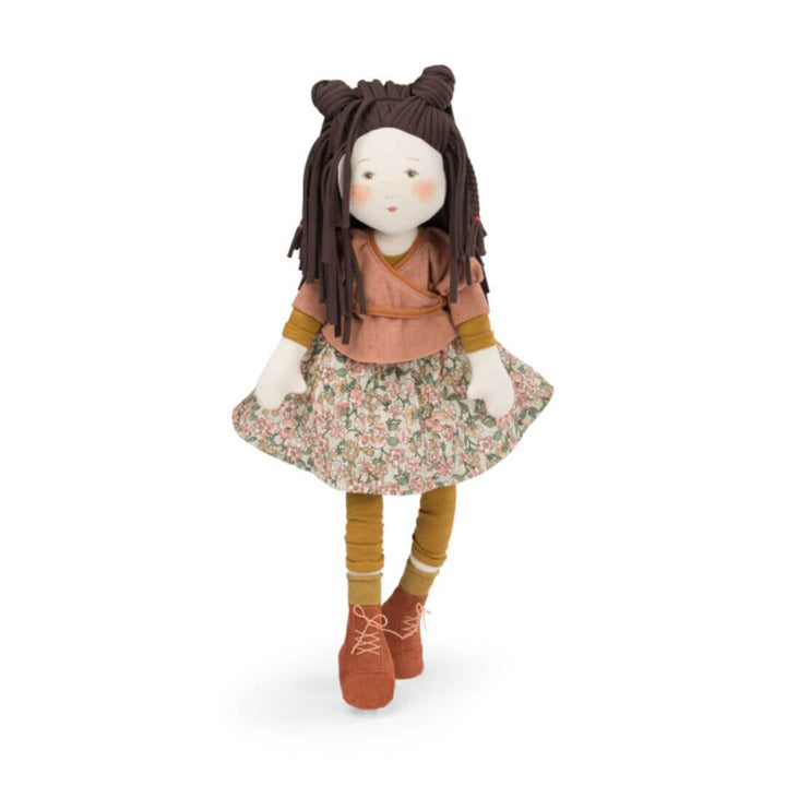 Moulin Roty Marjolaine doll with brown hair and floral outfit.