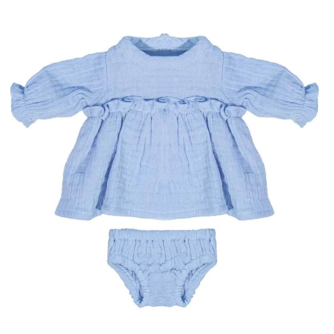 Miniland light blue baby dress with matching bloomers on a white background