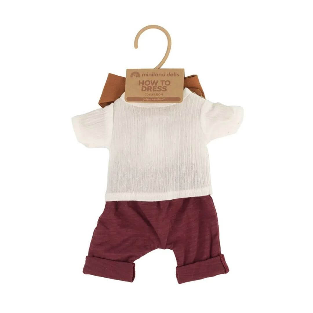 Miniland - Miniland Summer Set for 12 inch dolls with red pants, white shirt, and orange bandana on a hanger against a white background  - Bella Luna Toys