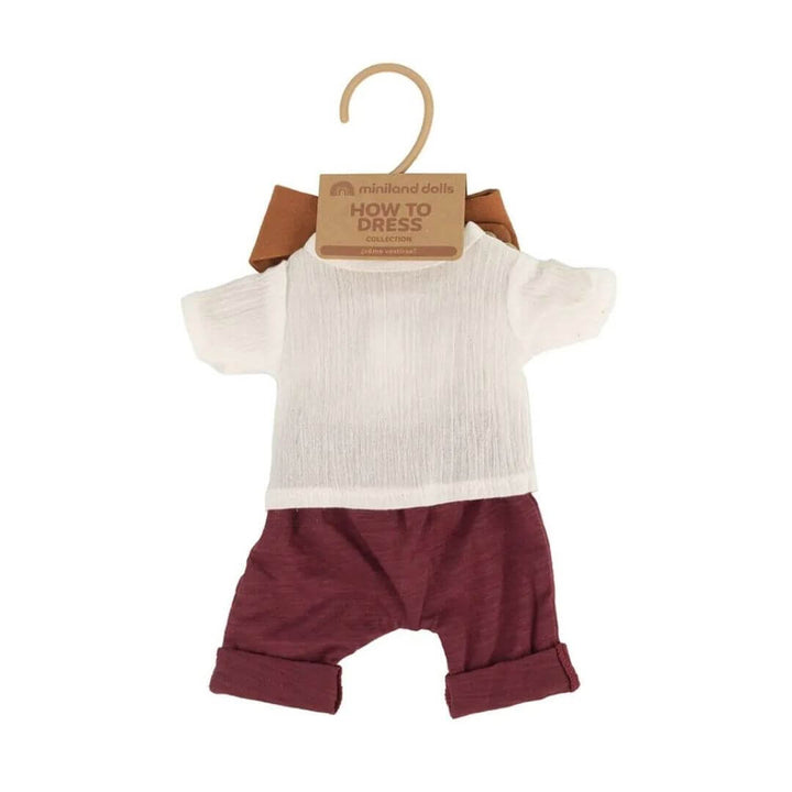 Miniland - Miniland Summer Set for 12 inch dolls with red pants, white shirt, and orange bandana on a hanger against a white background  - Bella Luna Toys