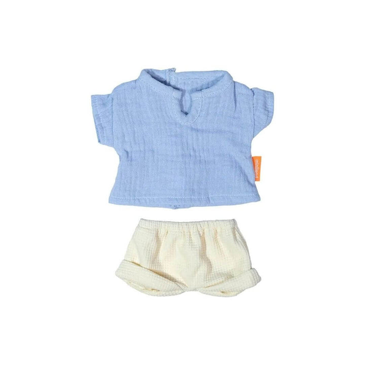 Miniland - Warm Weather Doll Outfit - 12" with blue shirt and white shorts against a white background - Bella Luna Toys