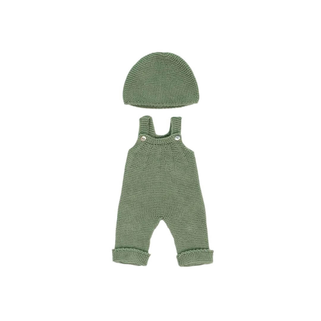 Sage green knitted overalls with button straps and matching beanie for 15-inch Miniland Dolls, made from recycled materials with a handmade feel.