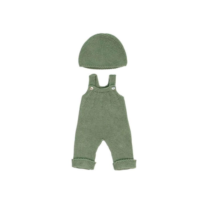 Sage green knitted overalls with button straps and matching beanie for 15-inch Miniland Dolls, made from recycled materials with a handmade feel.