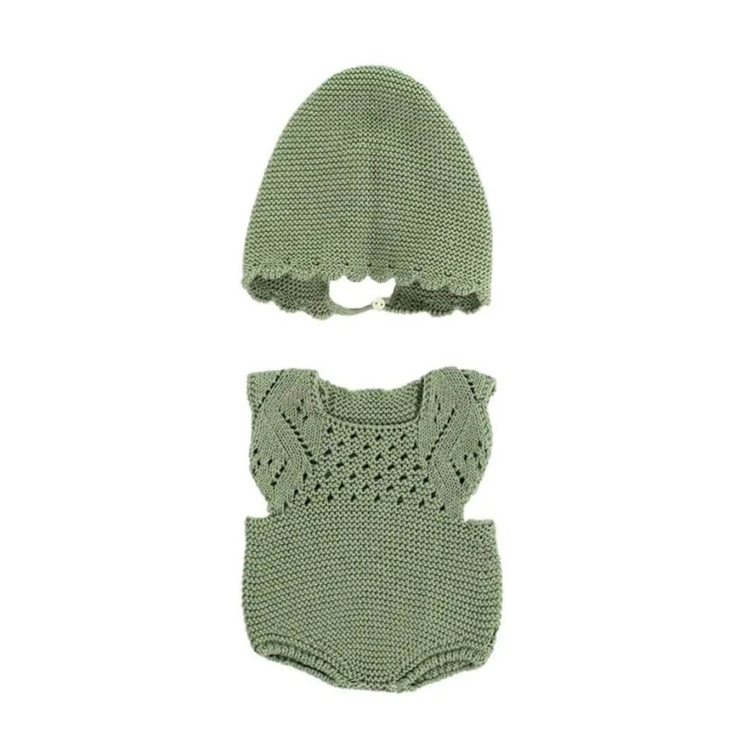 Miniland - Miniland Knitted Doll Outfit for 15'' doll – Romper & Bonnet against a white background - Bella Luna Toys