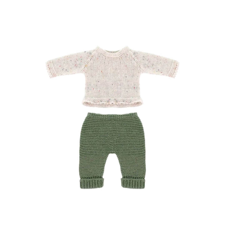 Knit doll sweater and pants set for 12-inch Miniland dolls, featuring a cream speckled sweater and forest green pants made from recycled materials.