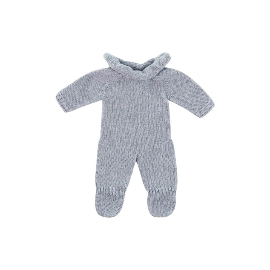Blue and gray knitted pajamas for 12-inch Miniland Dolls, featuring a cozy design and made from recycled materials with a handmade look.