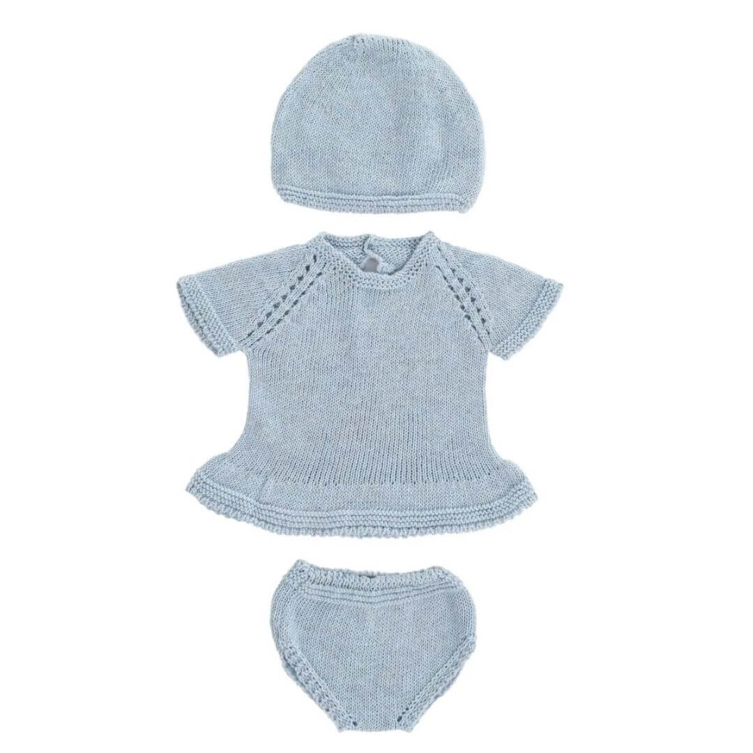 Miniland - Knitted Doll Outfit  - 15'' Dress & Hat blue set against a white background - Bella Luna Toys