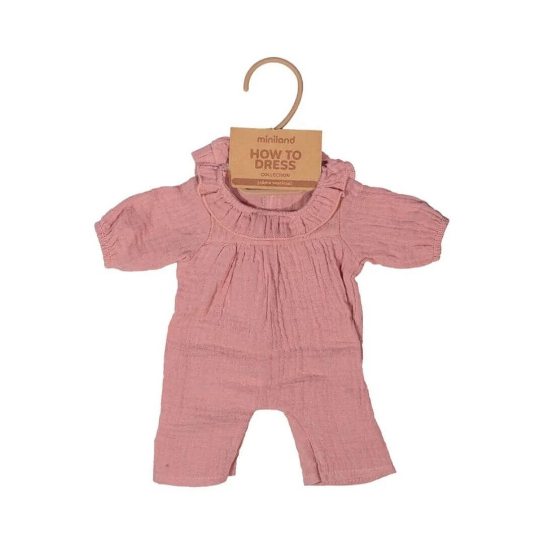 Miniland - Pink gauze pajamas set for 12 inch doll on the hanger against a white background - Bella Luna Toys