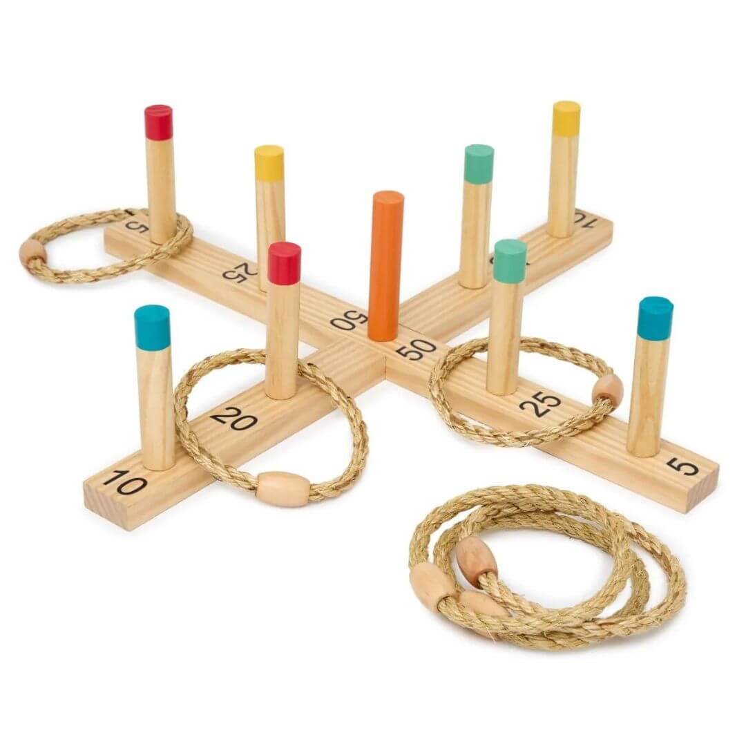 Miniland - Wooden Miniland ring toss game featuring numbered scoring pegs, colorful target posts, and natural rope rings arranged on a cross-shaped wooden base - Bella Luna Toys