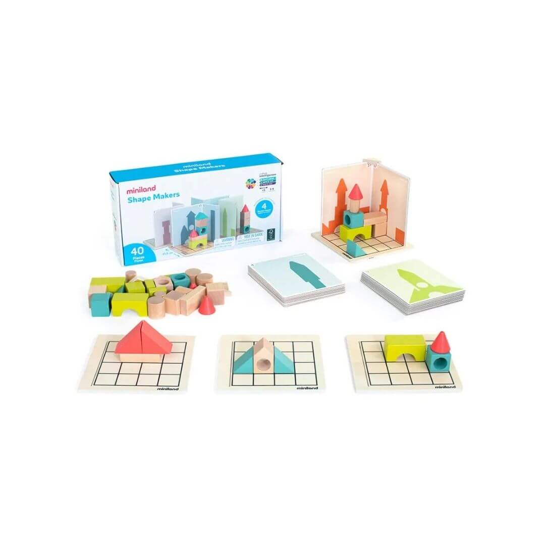 Miniland - Shape Makers learning game with 40 colorful wooden building pieces, 24 challenge cards, and 4 player boards displayed alongside example shape-building puzzles and the product box - Bella Luna Toys