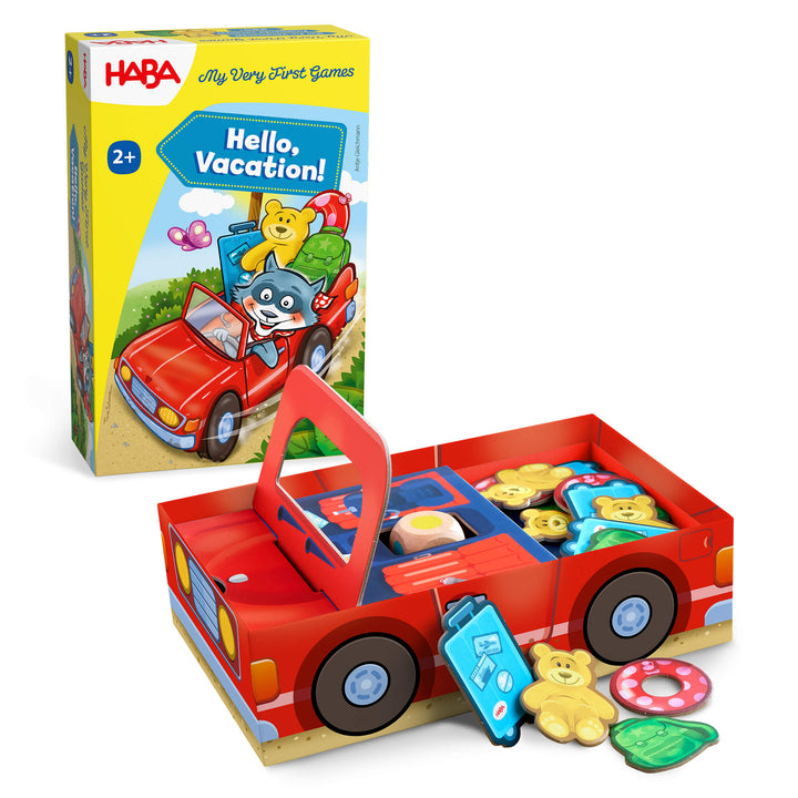 HABA 'Hello, Vacation!' toddler game with red car-shaped box and colorful game pieces on a white background