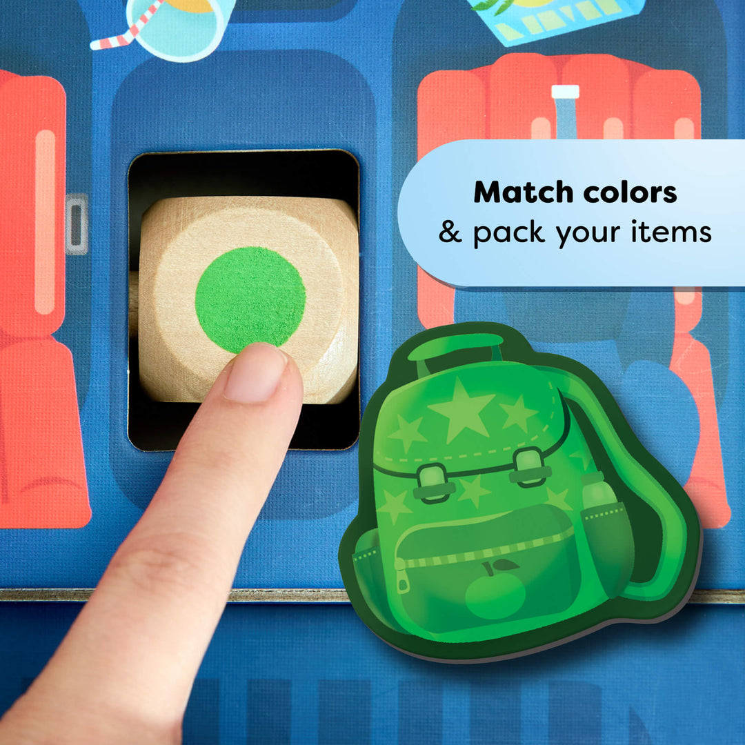 Color-matching game with a green backpack and a hand selecting a green circle.