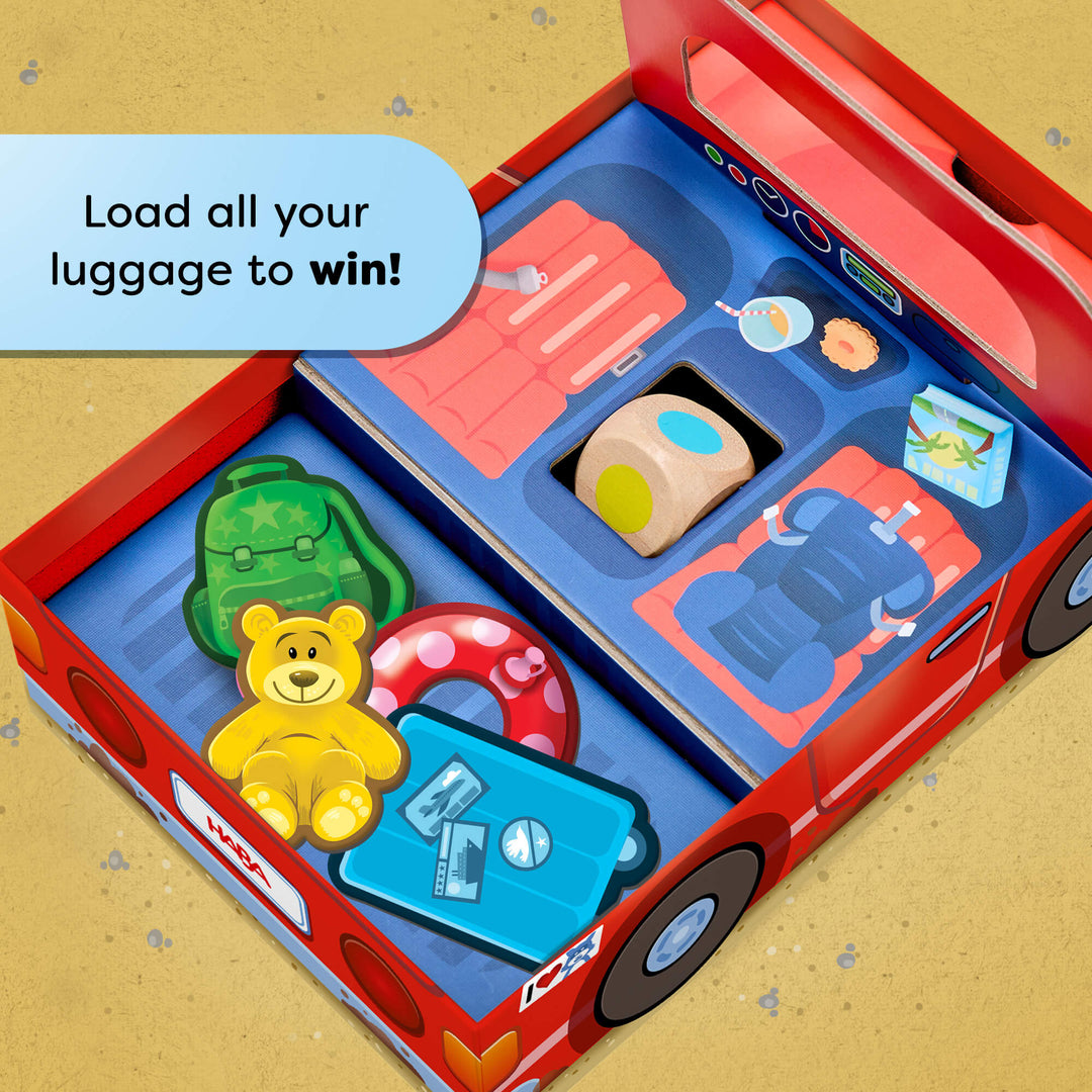 Toy car game with various items including a teddy bear, a backpack, and a suitcase inside the game box on a beige background.