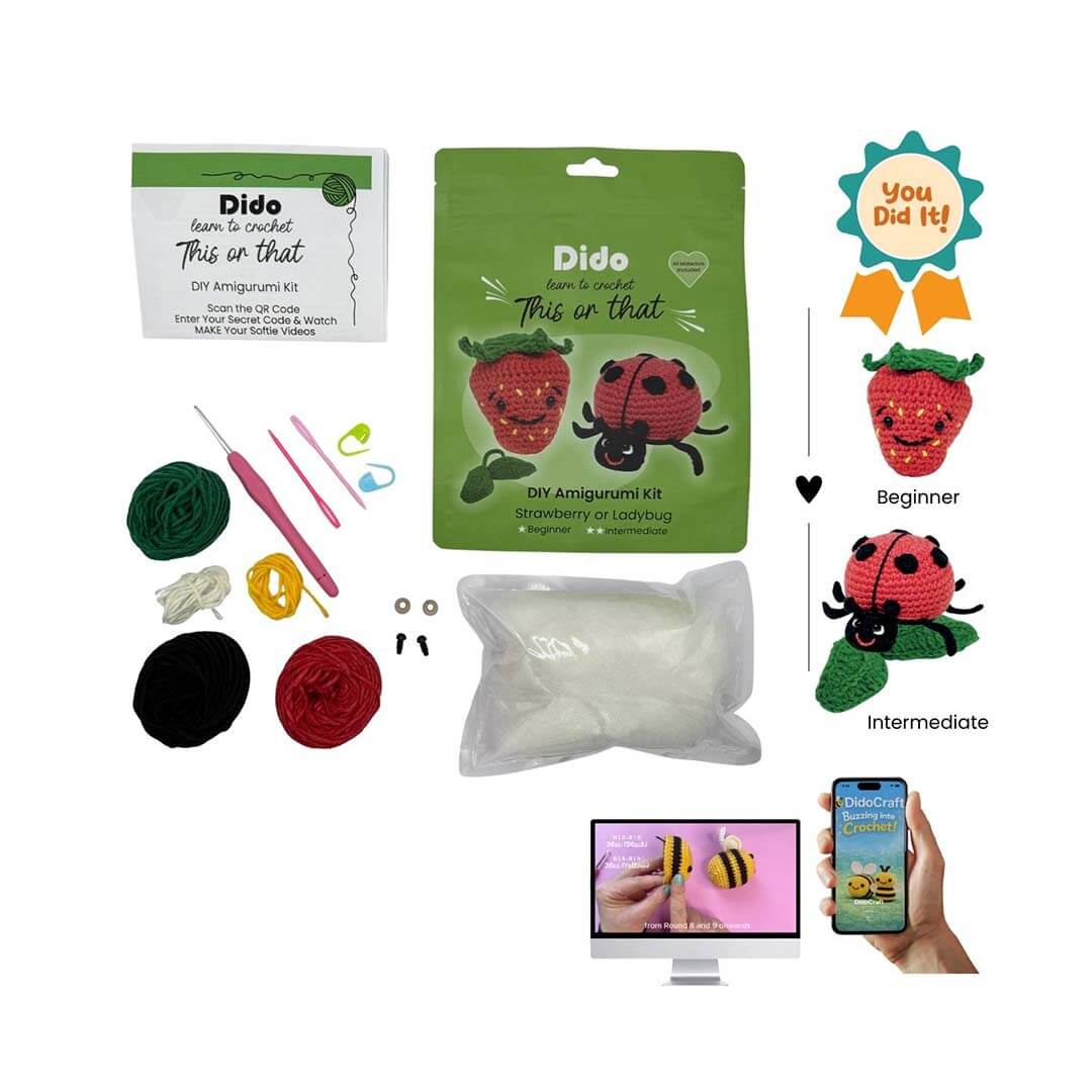 A DIY amigurumi kit layout on a white background showing the package, yarn balls, crochet hook, needles, stitch markers, stuffing pouch, printed card, app screen, and progress badges for beginner and intermediate levels.