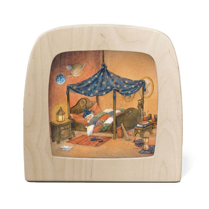 Toverlux StoryLux Magic Lamp and Night Light Silhouette – Goodnight Sandman Nighty Night Scene featuring a cozy bedroom with a child and animals tucked under a starry canopy, surrounded by books, toys, and a warm bedside lamp.