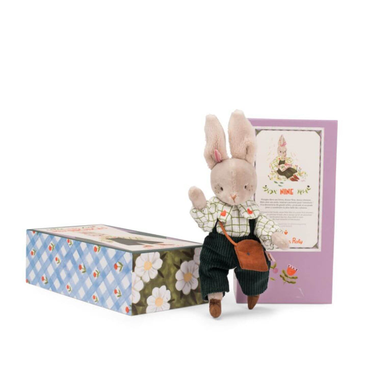 Moulin Roty - Nine the Rabbit dressed in a checkered blouse and overalls - Bella Luna Toys