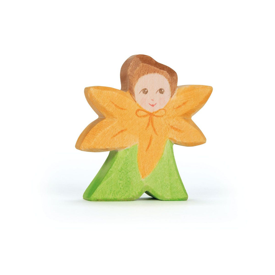 Ostheimer Blumenkind Calendula – a handcrafted wooden flower child holding a golden marigold blossom, painted in warm summer tones for nature table and imaginative play. - Bella Luna Toys