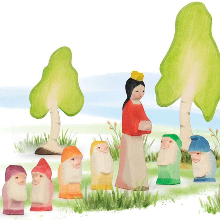 Wooden Ostheimer rainbow dwarves figures with Snow White.