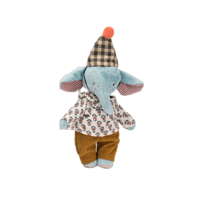Pablo the Elephant articulated doll by Moulin Roty wearing a checked hat, patterned shirt, and brown trousers - Bella Luna Toys