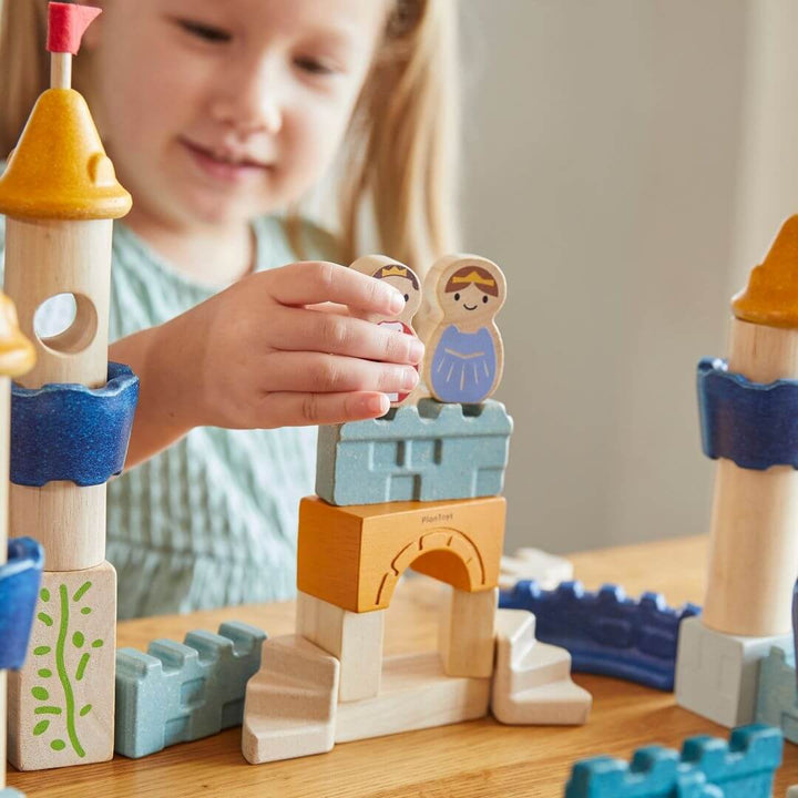Close up of the king and queen fro the PlanToys wooden castle block set. Bella Luna Toys