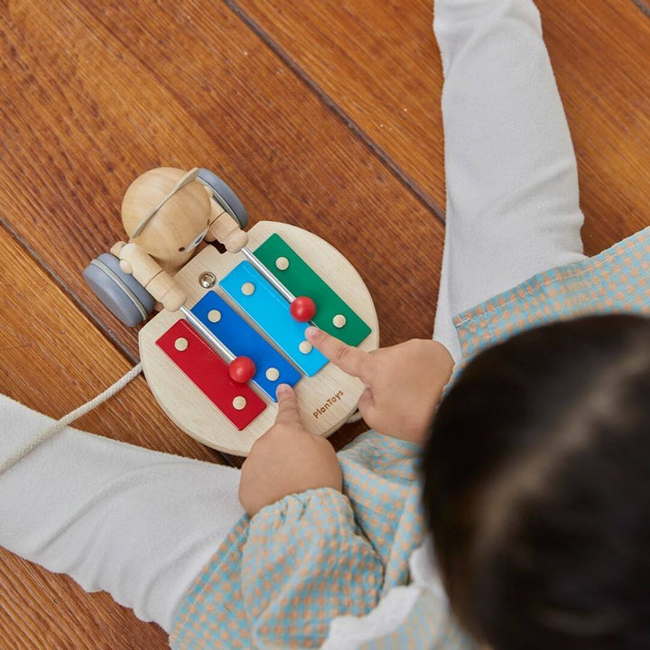 Close up of a child tapping the xylophone just like the Wooden PlanToys pull-along bear. Bella Luna Toys.