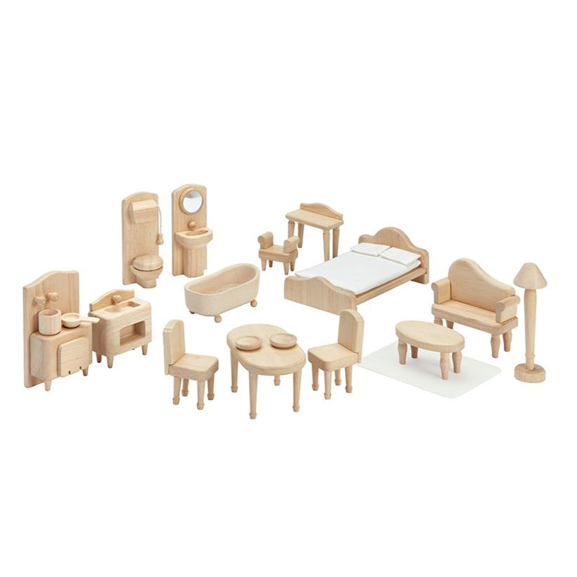Complete PlanToys Victorian Dollhouse Furniture Set, including wooden furniture pieces for a bedroom, living room, kitchen, dining room, and bathroom.