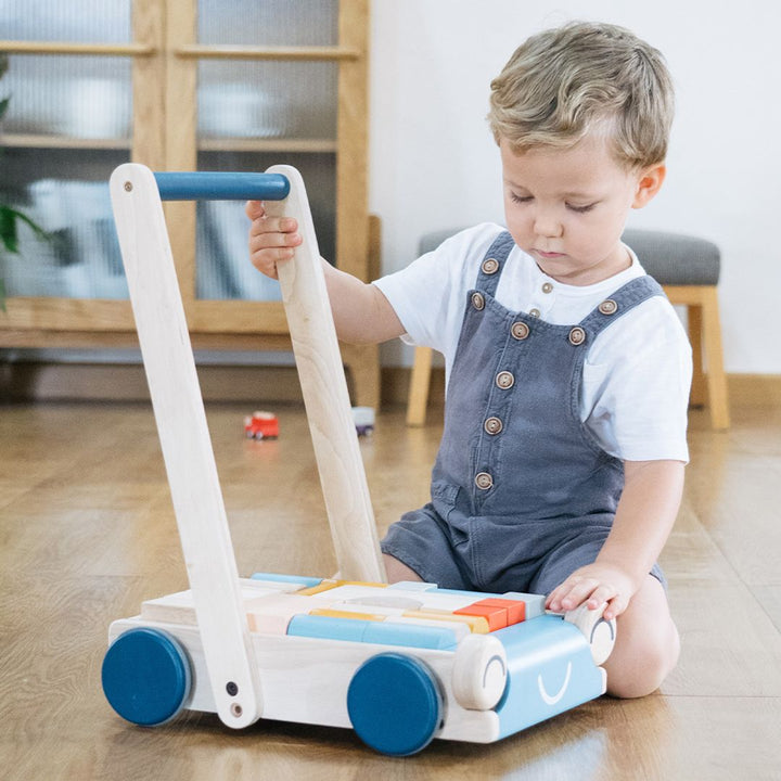 Young 3 year old child with a hand on the walker wagon handle but sitting next to it while all the blocks are arrange inside the wagon. PlanToys Baby Walker comes  in natural wood and blue, filled with colorful wooden blocks. A sturdy push toy designed to support early walking and motor skill development.