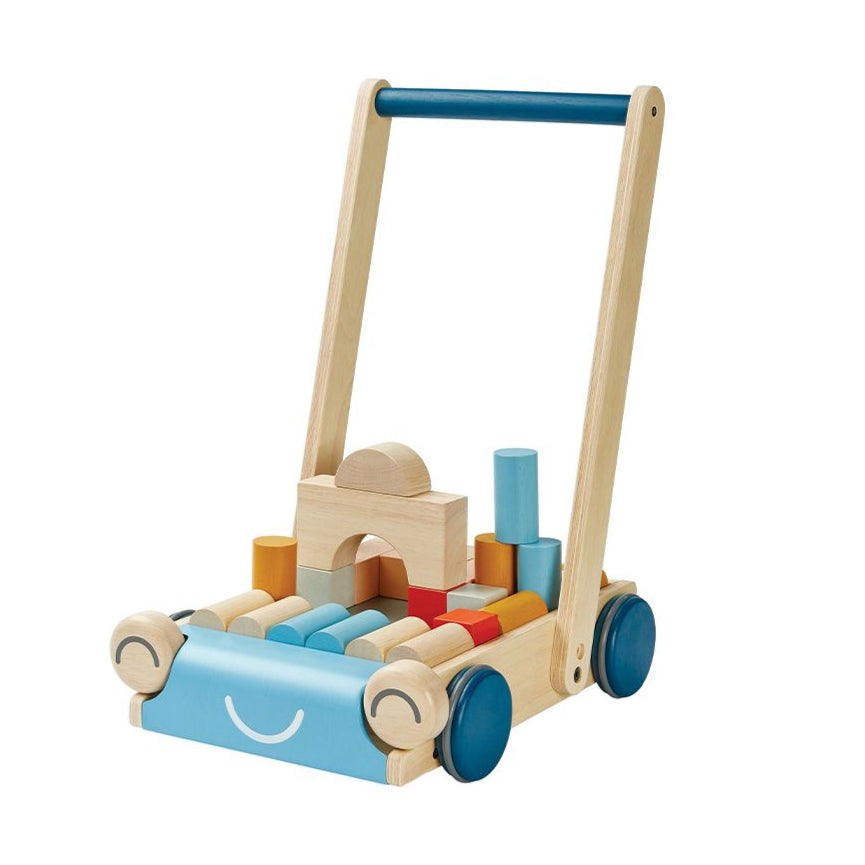 PlanToys Baby Walker -Orchard in natural wood and blue, filled with colorful wooden blocks. A sturdy push toy designed to support early walking and motor skill development.