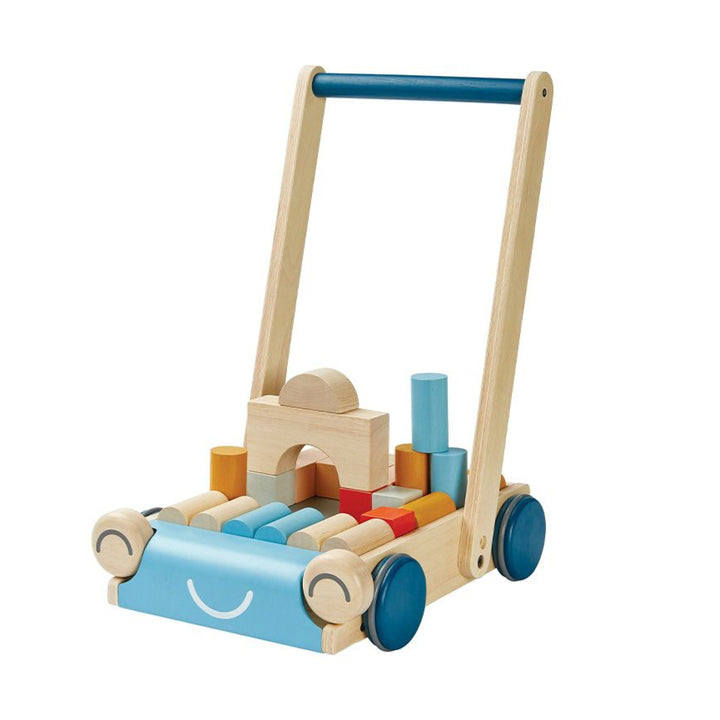 PlanToys Baby Walker -Orchard in natural wood and blue, filled with colorful wooden blocks. A sturdy push toy designed to support early walking and motor skill development.