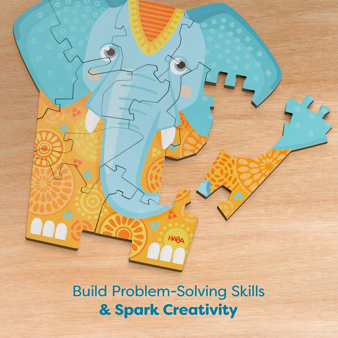 Elephant-shaped jigsaw puzzle with colorful patterns on a wooden surface.
Text reads "Build Problem-Solving Skills & Spark Creativity"