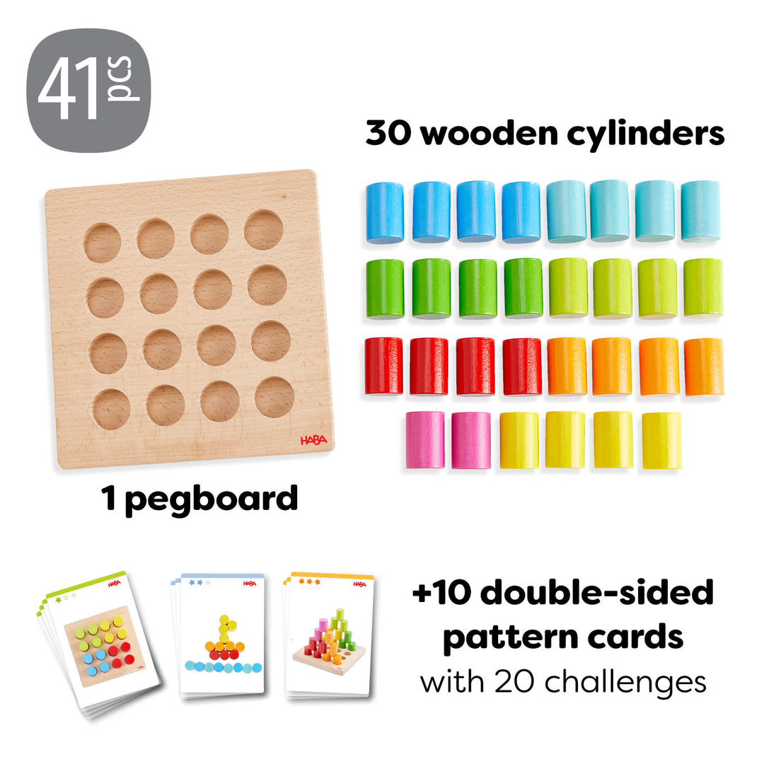 41 Piece wooden set with a pegboard, 30 colorful cylinders, and 10 double-sided pattern cards with 20 challenges
